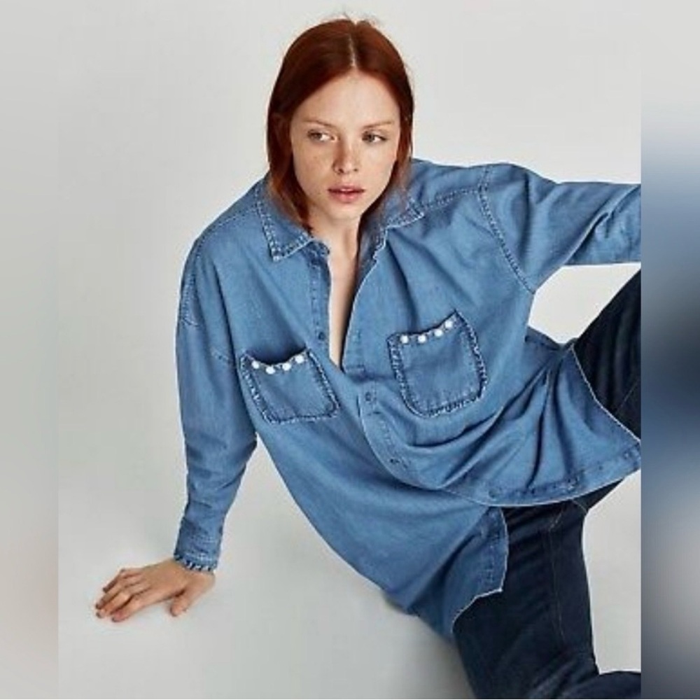 Zara Light Blue Denim Tunic Shirt - Picture 2 of 5